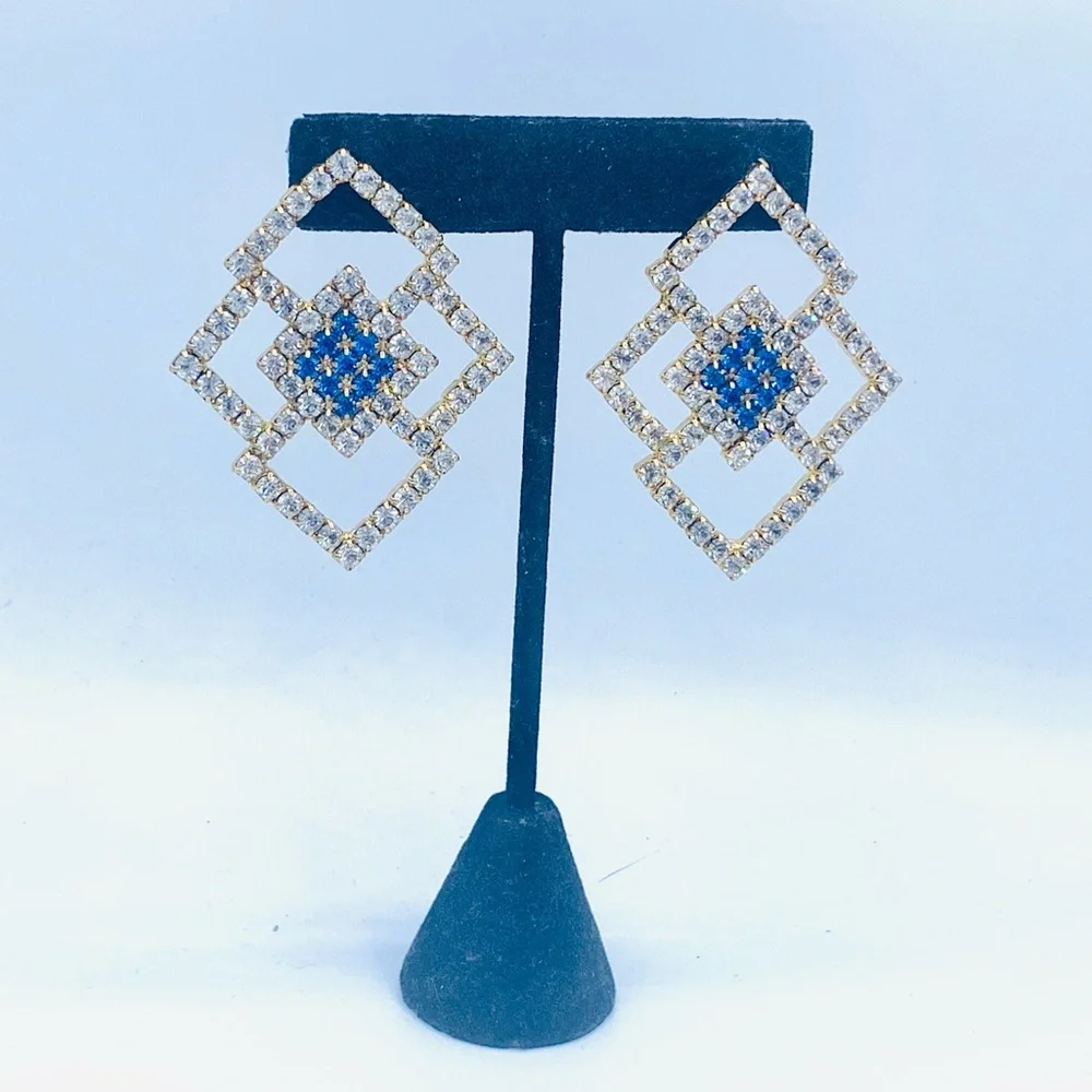 Vintage rhinestone pierced earrings geometric costume jewelry new old stock
